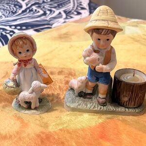 Verona Vergasi Boy and Lefton Girl Figurine with Lambs